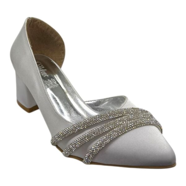 Beyaz Taşlı Kalın Topuklu Kadın Abiye Ayakkabı - Gelinlik ve Davet Modeli