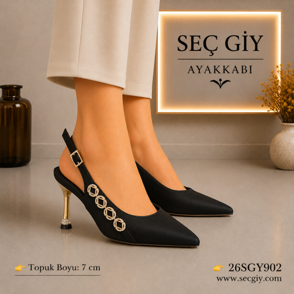 Kadın Siyah Slingback Topuklu Ayakkabı – 7 CM İnce Topuk Sivri Burun Taş Detaylı Abiye