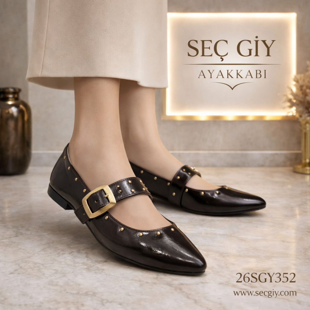 Acı Kahve Rugan Tokalı Sivri Burun Kadın Babet – Gold Detaylı