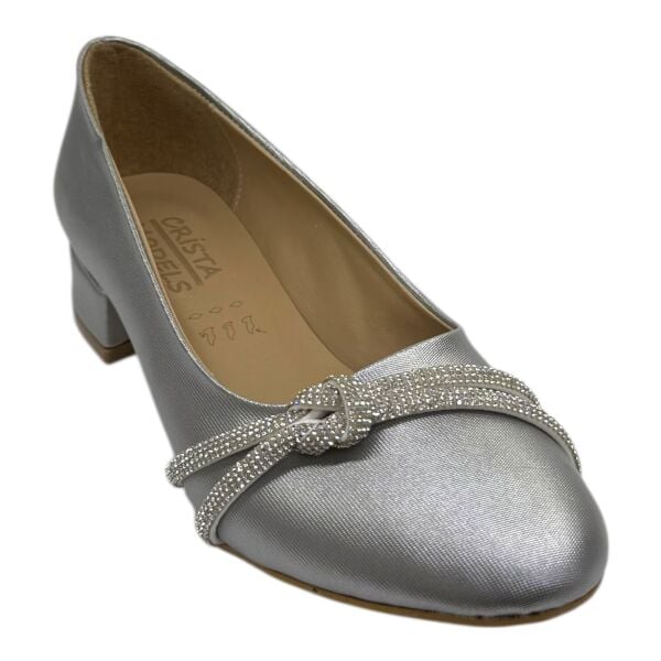 Gümüş Renkli Taş Detaylı Kadın Kısa Topuklu Babet