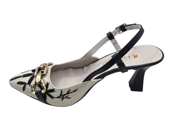 Desenli Kumaş Slingback Topuklu Ayakkabı Zincir Detaylı 7 cm Topuklu Sivri Burun Kadın Ayakkabı