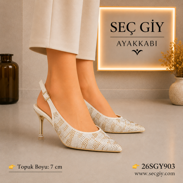 Kadın Krem Taş İşlemeli Slingback Topuklu Ayakkabı – 7 CM İnce Topuk Sivri Burun Abiye