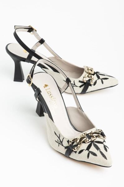 Desenli Kumaş Slingback Topuklu Ayakkabı Zincir Detaylı 7 cm Topuklu Sivri Burun Kadın Ayakkabı