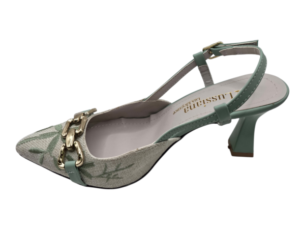 Yeşil Detaylı Desenli Kumaş Slingback Topuklu Ayakkabı Zincir Aksesuarlı 7 cm Topuklu Kadın Ayakkabı