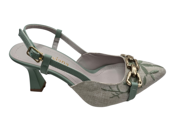 Yeşil Detaylı Desenli Kumaş Slingback Topuklu Ayakkabı Zincir Aksesuarlı 7 cm Topuklu Kadın Ayakkabı