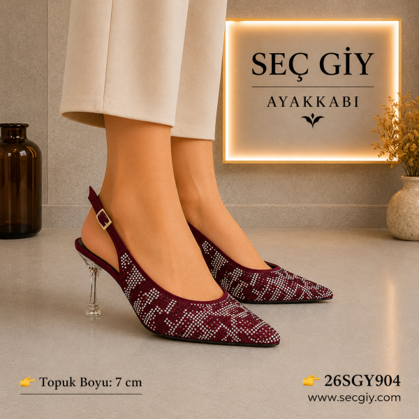 Kadın Bordo Taş İşlemeli Slingback Topuklu Ayakkabı – 7 CM İnce Topuk Sivri Burun Abiye