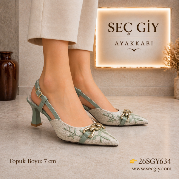 Yeşil Detaylı Desenli Kumaş Slingback Topuklu Ayakkabı Zincir Aksesuarlı 7 cm Topuklu Kadın Ayakkabı
