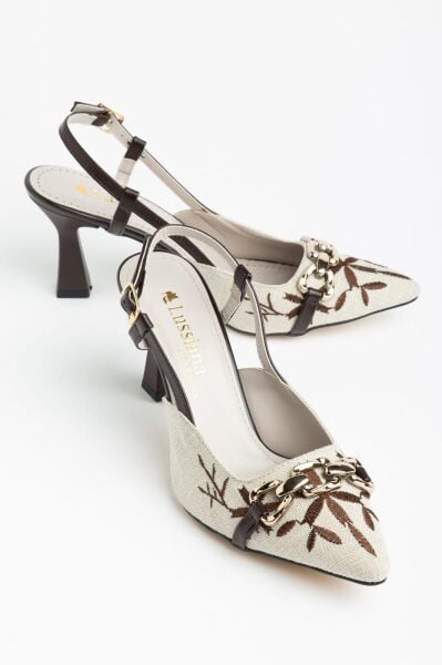 Kahverengi Detaylı Desenli Kumaş Slingback Topuklu Ayakkabı Zincir Aksesuarlı 7 cm Kadın Ayakkabı