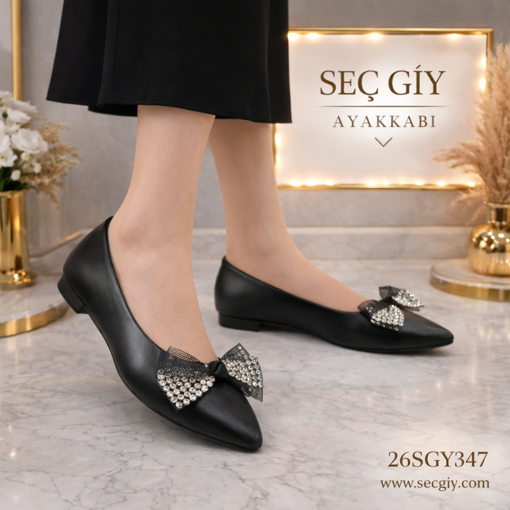 Siyah Taşlı Fiyonklu Sivri Burun Kadın Babet – Şık Düz