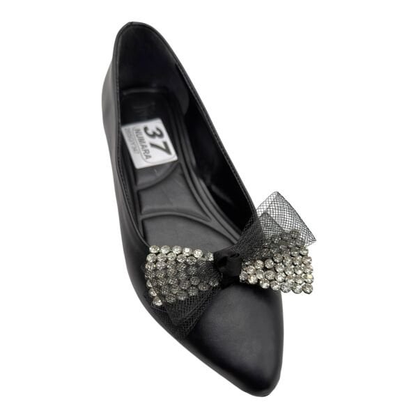 Siyah Taşlı Fiyonklu Sivri Burun Kadın Babet – Şık Düz