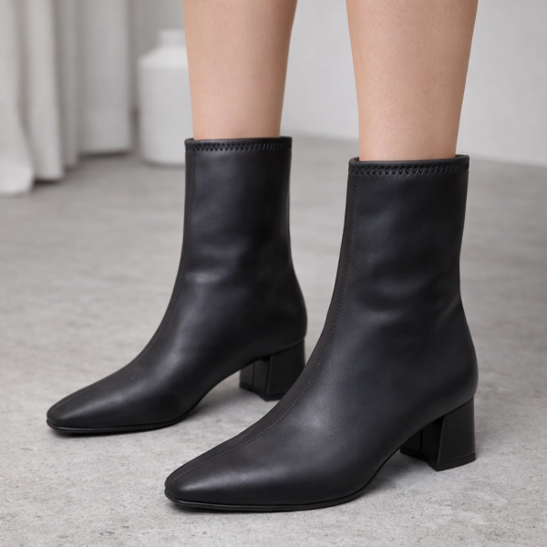 Siyah Kalın Topuklu Streç Kadın Bot – Klasik Zarafet