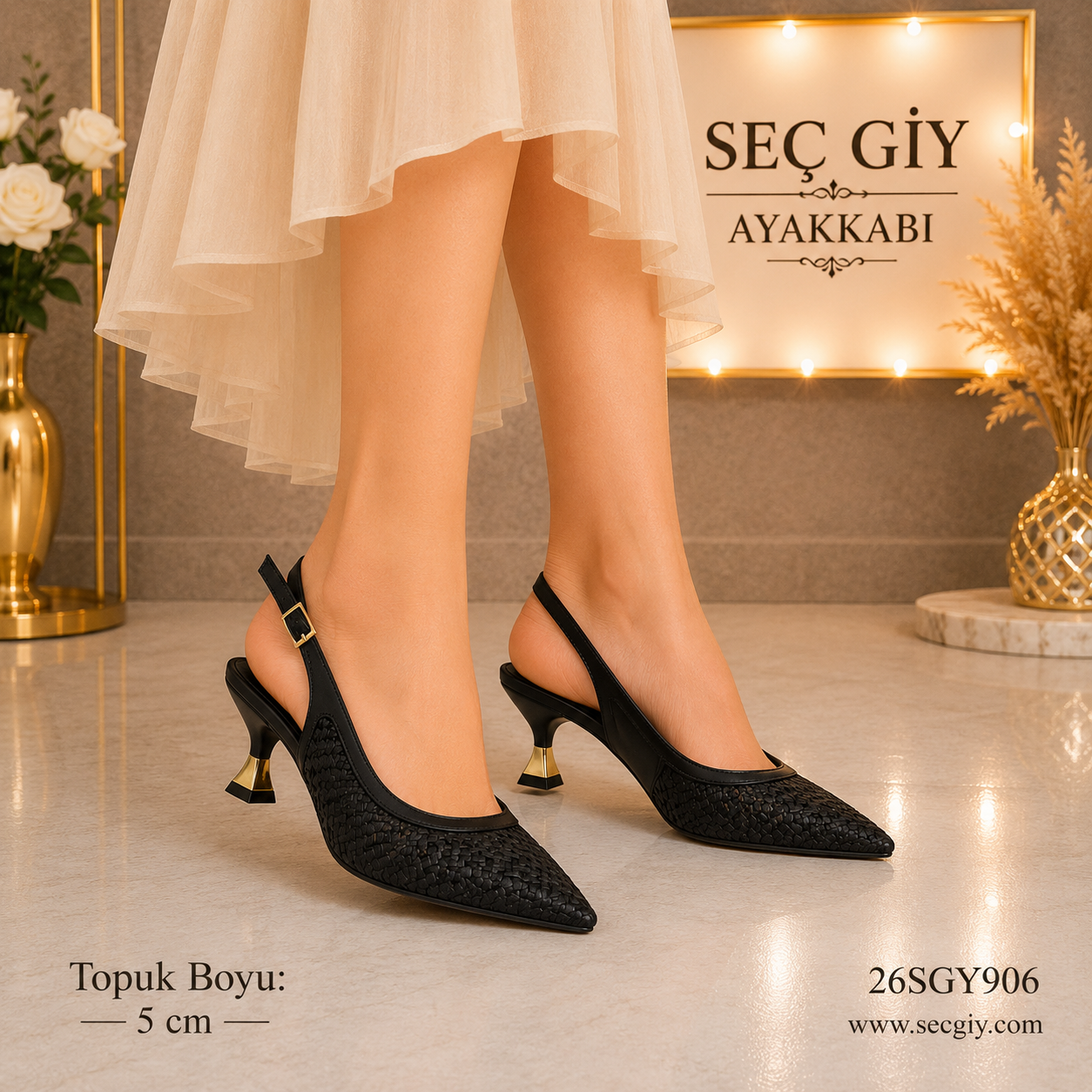 Kadın Siyah Örgü Dokulu Slingback Topuklu Ayakkabı – 5 CM Kısa Topuk Sivri Burun Günlük & Klasik