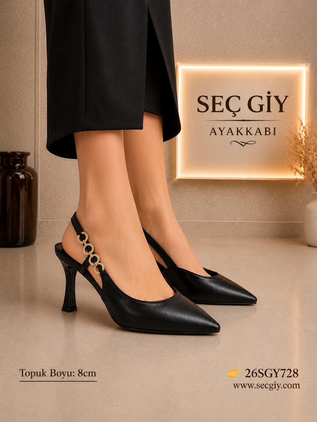 Siyah Zincir Tokalı Sivri Burun Topuklu Ayakkabı – Şık Kadın Stiletto