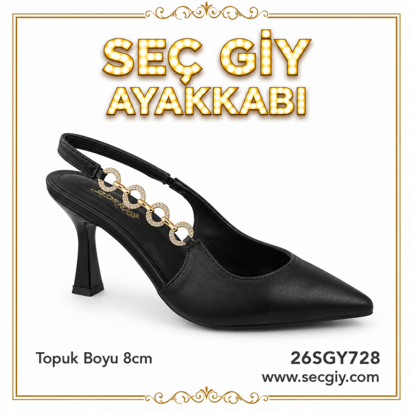 Siyah Zincir Tokalı Sivri Burun Topuklu Ayakkabı – Şık Kadın Stiletto