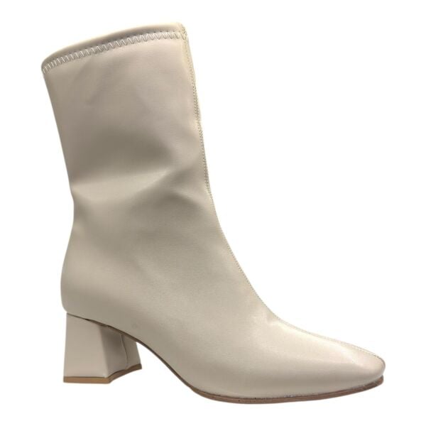 Krem Kalın Topuklu Streç Kadın Bot