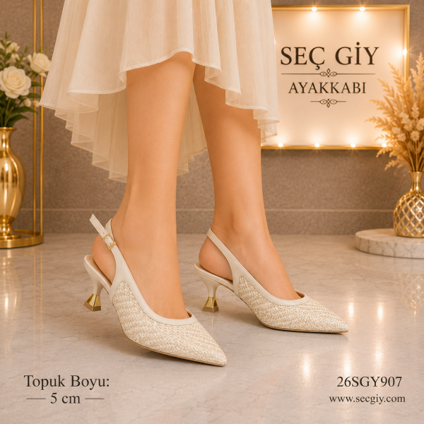 Kadın Krem Hasır Dokulu Slingback Topuklu Ayakkabı – 5 CM Kısa Topuk Sivri Burun Şık Günlük & Klasik