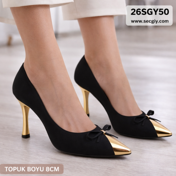 Fiyonklu Siyah İnce Topuklu Bayan Ayakkabı – 8 cm Şık Topuk