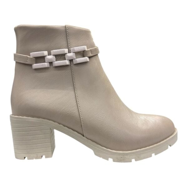 Taş Rengi Zincir Detaylı Kalın Topuklu Kadın Bot