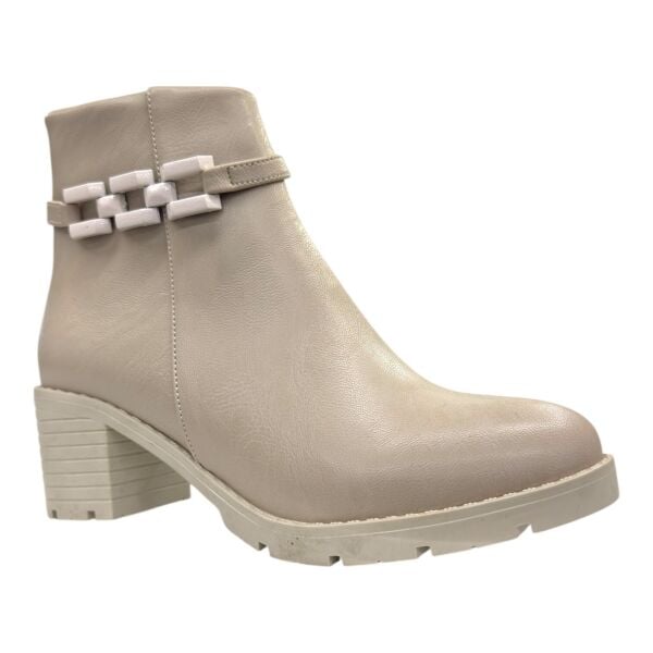 Taş Rengi Zincir Detaylı Kalın Topuklu Kadın Bot