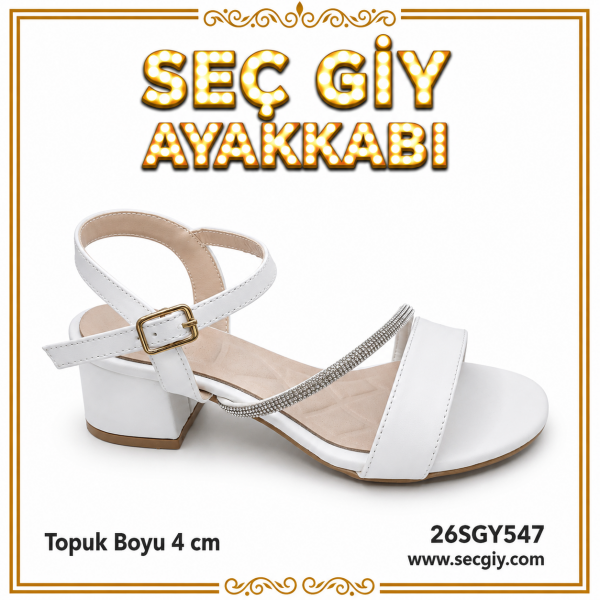 Beyaz Taş Detaylı Kalın Topuklu Sandalet Kadın Ayakkabı 5 cm Günlük Şık Yazlık