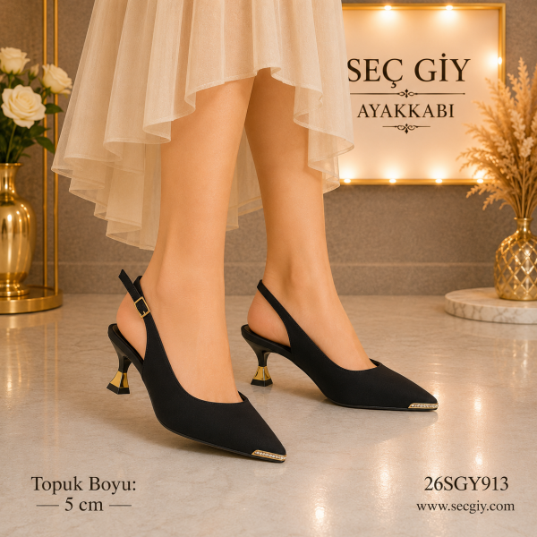 Kadın Siyah Sivri Burun Slingback Topuklu Ayakkabı – 5 CM Gold Detaylı Kısa Topuk Klasik & Günlük