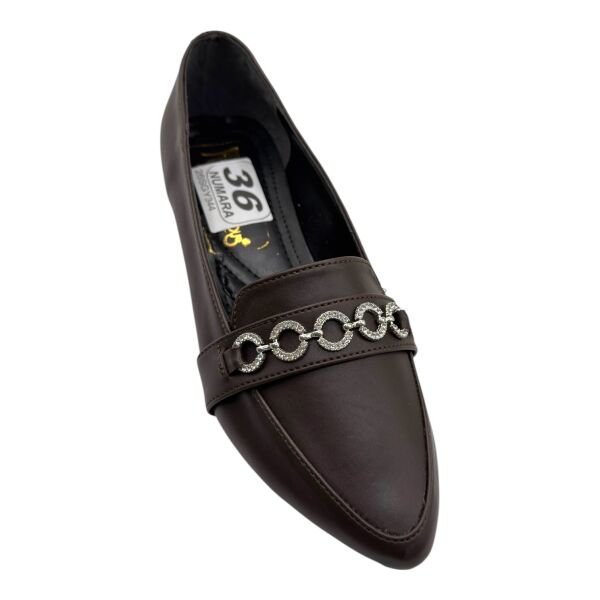 Acı Kahve Zincir Detaylı Sivri Burun Kadın Loafer Babet