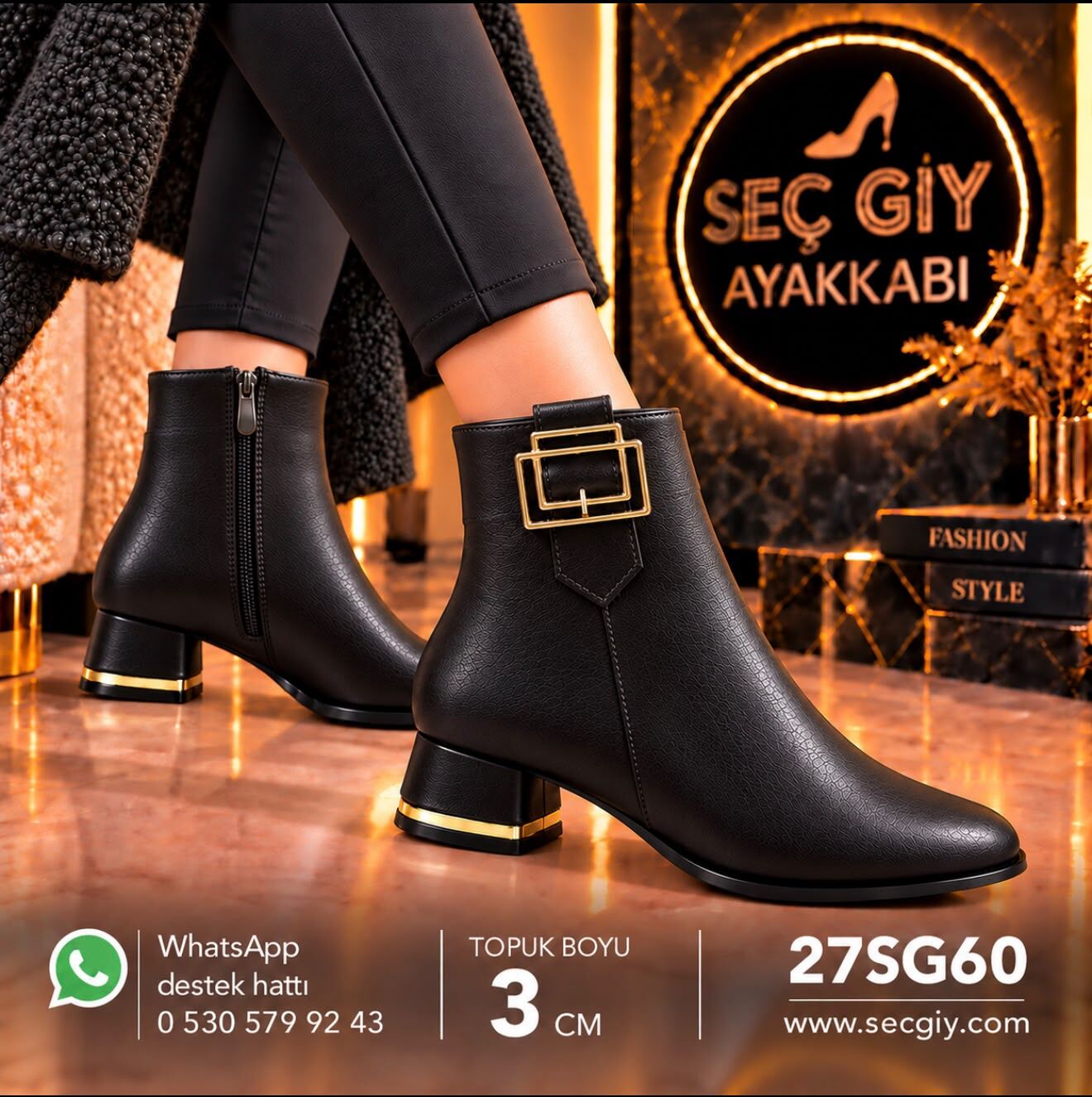 Siyah Gold Tokalı Kadın Bot – 3 cm Topuk