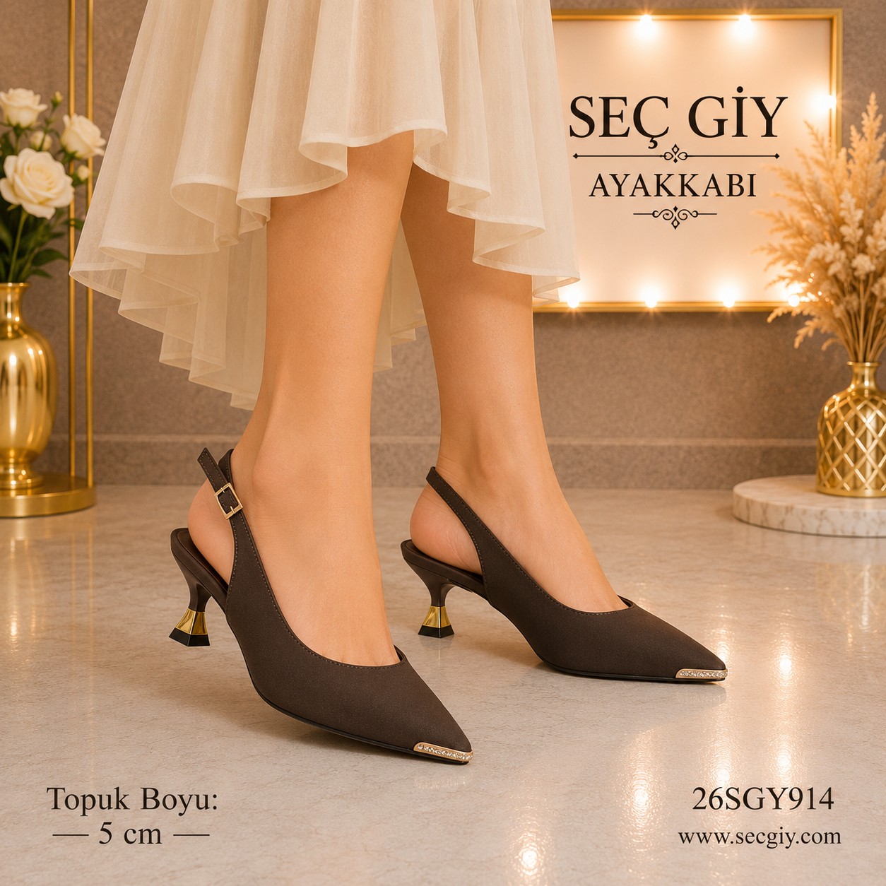 Kadın Acı Kahve Sivri Burun Slingback Topuklu Ayakkabı – 5 CM Gold Detaylı Kısa Topuk Klasik & Günlük