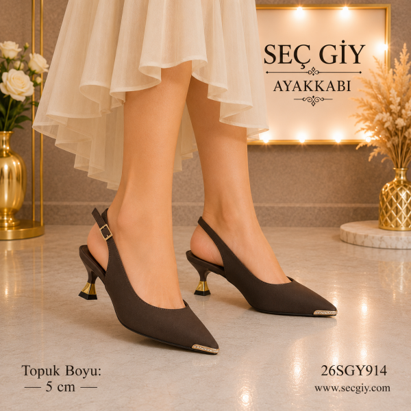 Kadın Acı Kahve Sivri Burun Slingback Topuklu Ayakkabı – 5 CM Gold Detaylı Kısa Topuk Klasik & Günlük