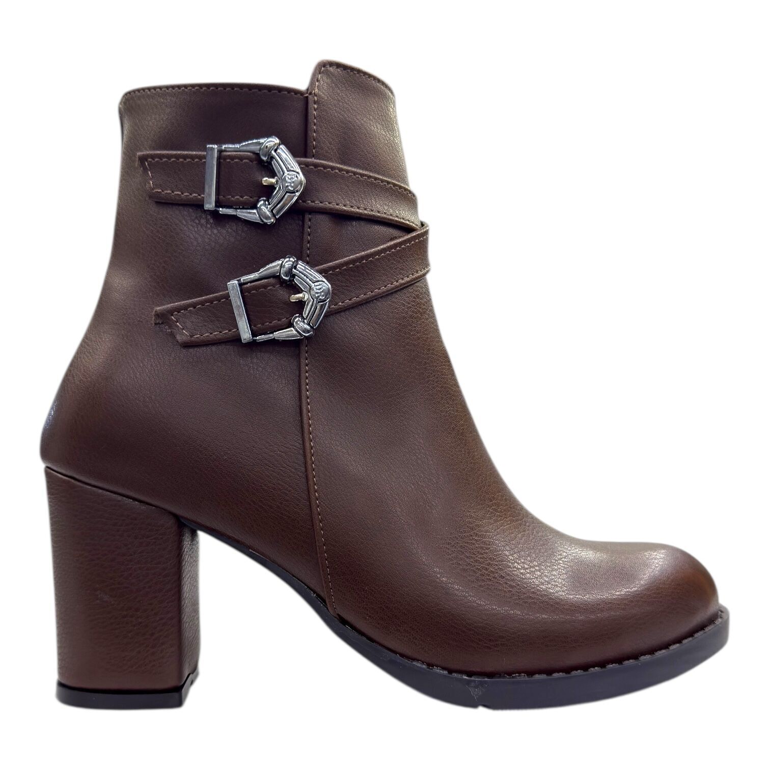 Kahverengi Çift Tokalı Kalın Topuklu Kadın Bot