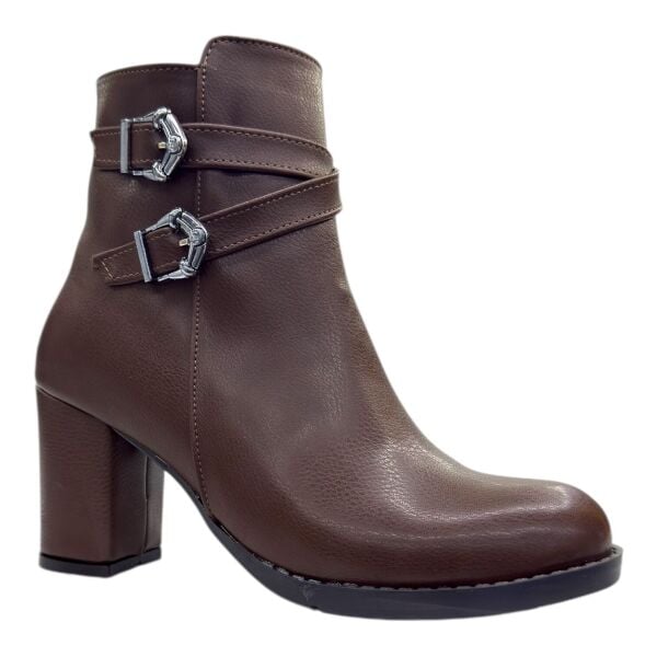 Kahverengi Çift Tokalı Kalın Topuklu Kadın Bot