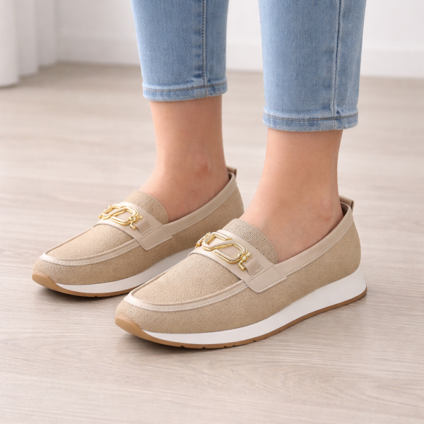 Bej Örgü Kumaşlı Kadın Günlük Babet Ayakkabı