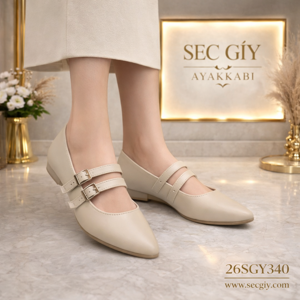 Bej Çift Bantlı Sivri Burun Kadın Babet – Tokalı Şık Model