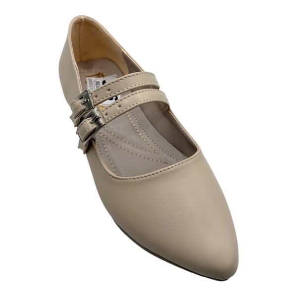 Bej Çift Bantlı Sivri Burun Kadın Babet – Tokalı Şık Model