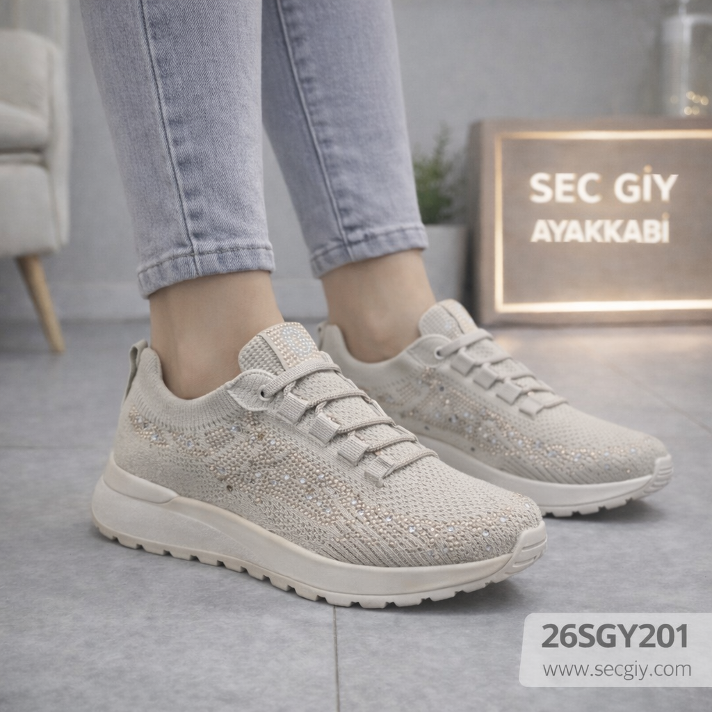 Kadın Ayakkabı Taşlı Bej Günlük Spor Model