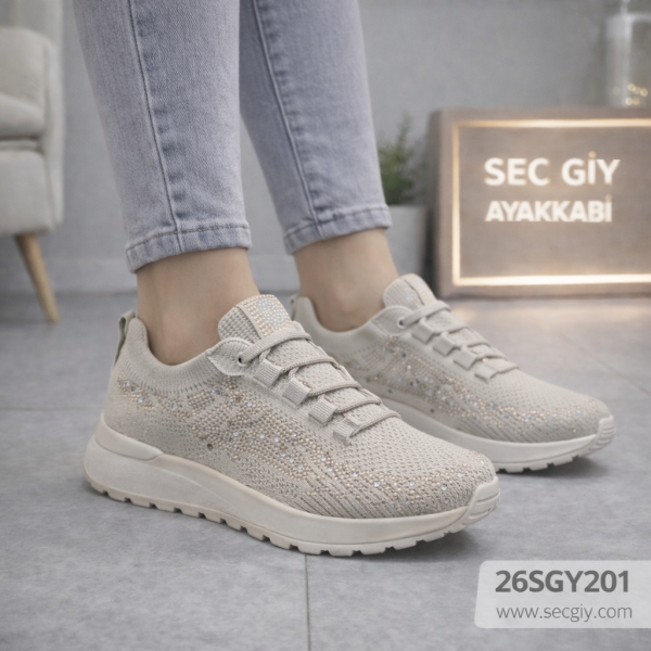 Kadın Ayakkabı Taşlı Bej Günlük Spor Model