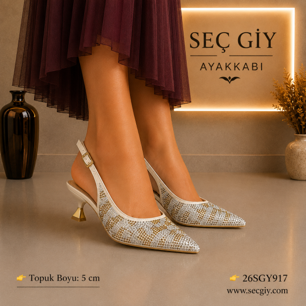 Kadın Krem Taş İşlemeli Slingback Topuklu Ayakkabı – 5 CM Sivri Burun Abiye & Davet Ayakkabısı