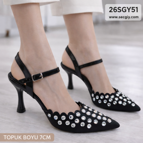 Taş Detaylı Siyah Bilekten Bağlamalı Bayan Topuklu Ayakkabı – 7 cm Zarif Topuk