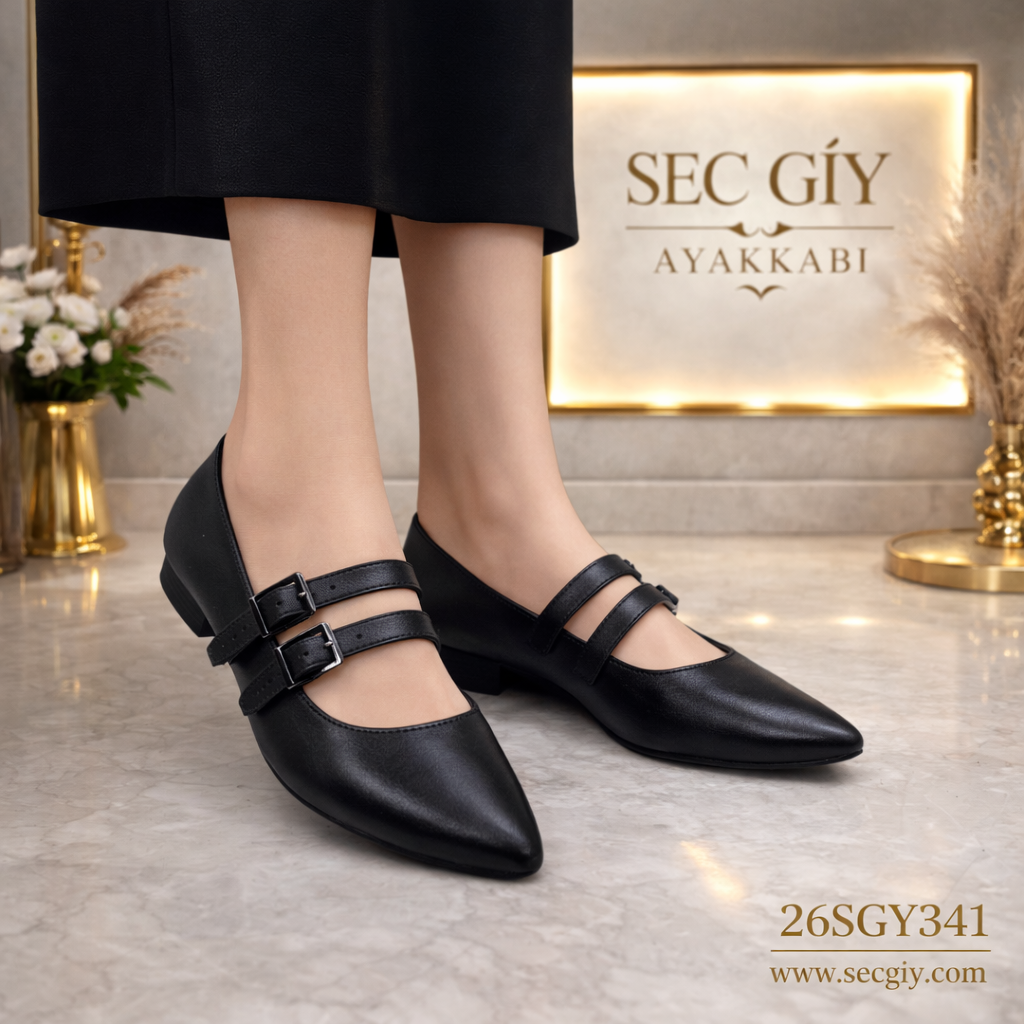 Siyah Çift Bantlı Sivri Burun Kadın Babet