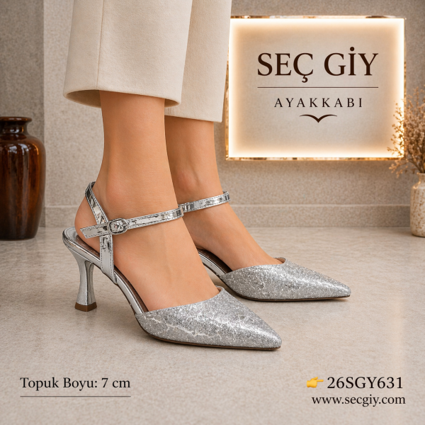 Gümüş Simli Slingback Topuklu Ayakkabı Kadın 7 cm Sivri Burun Şık Abiye Model