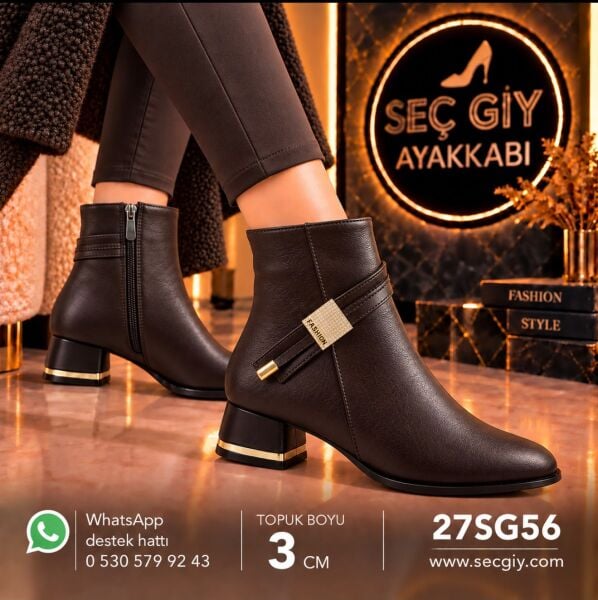 Acı Kahve Gold Aksesuar Detaylı Kadın Bot – 3 cm Topuk