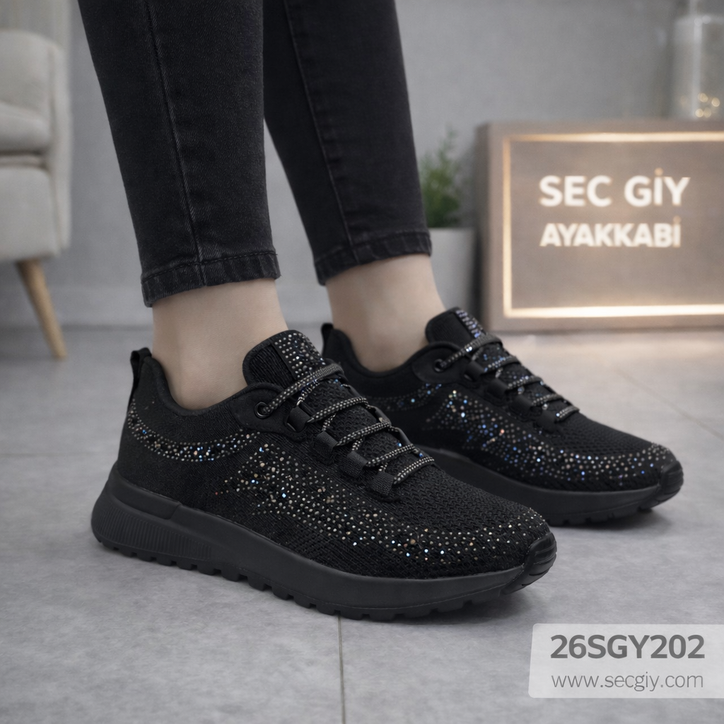 Kadın Ayakkabı Siyah Taşlı Günlük Spor Model