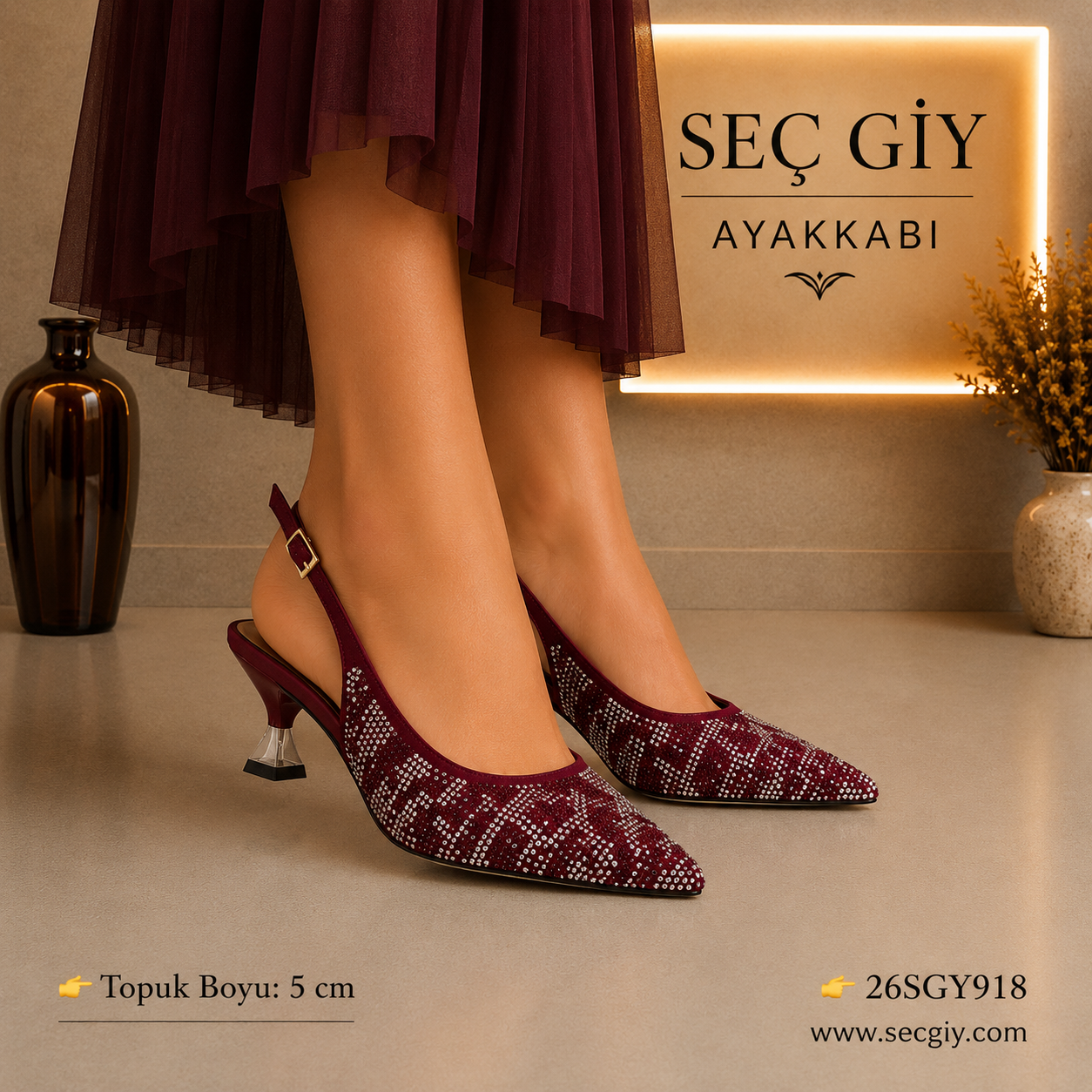 Kadın Bordo Taş İşlemeli Slingback Topuklu Ayakkabı – 5 CM Sivri Burun Abiye & Davet Ayakkabısı
