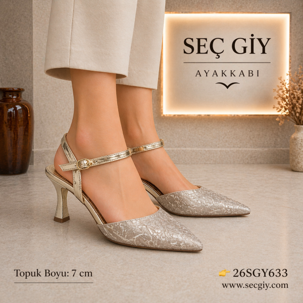 Şampanya Mermer Desenli Slingback Topuklu Ayakkabı Kadın 7 cm Sivri Burun Abiye