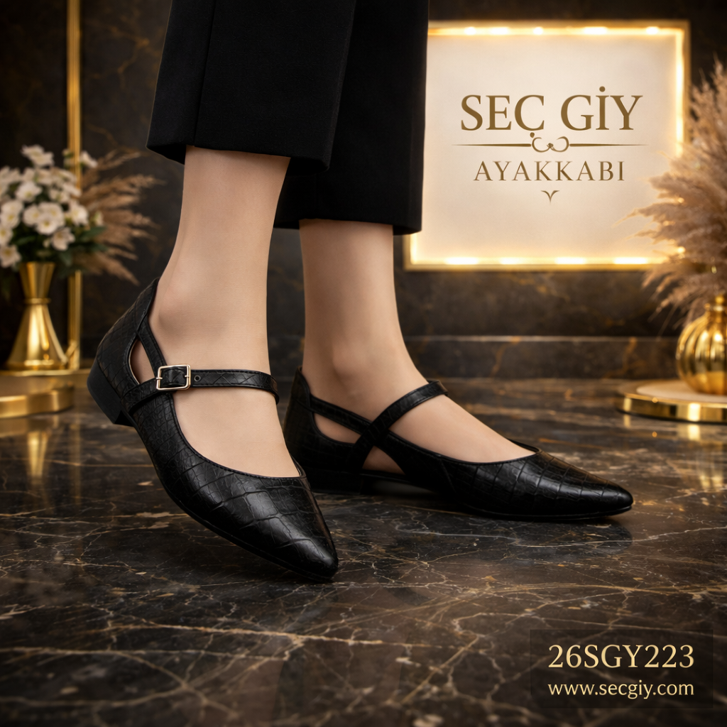 Siyah Kroko Desenli Çapraz Bantlı Sivri Burun Kadın Babet