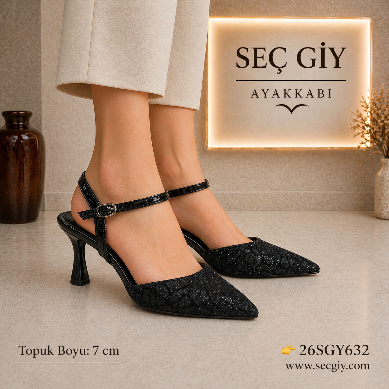 Siyah Dantel Dokulu Slingback Topuklu Ayakkabı Kadın 7 cm Sivri Burun Abiye