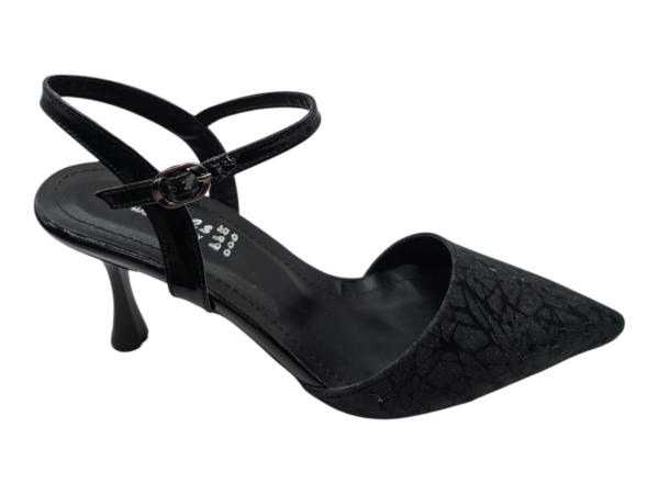 Siyah Dantel Dokulu Slingback Topuklu Ayakkabı Kadın 7 cm Sivri Burun Abiye