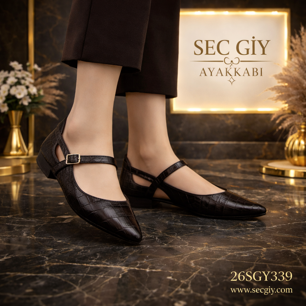 Acı Kahve Kroko Desenli Çapraz Bantlı Sivri Burun Kadın