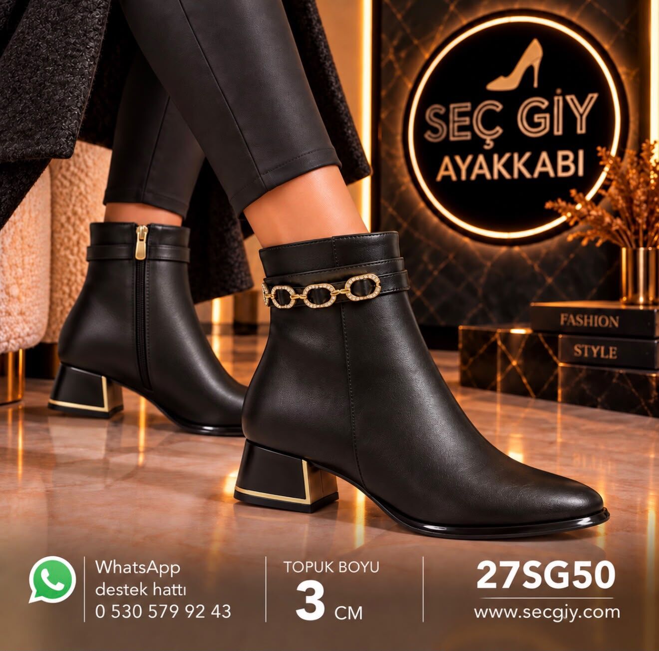 Siyah Taşlı Zincir Aksesuar Detaylı Kadın Bot – 3 cm Topuk