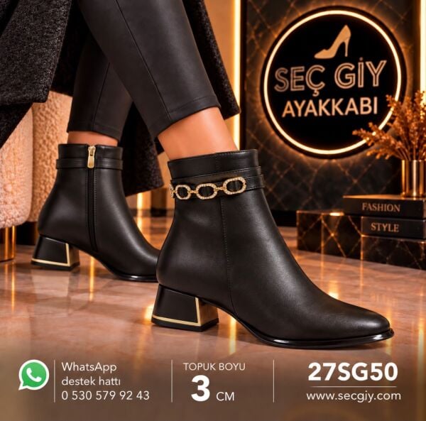 Siyah Taşlı Zincir Aksesuar Detaylı Kadın Bot – 3 cm Topuk